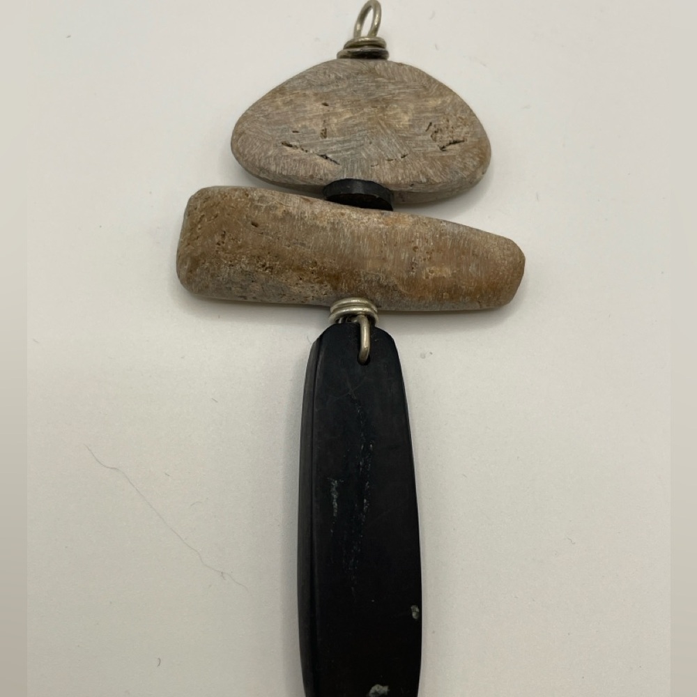 Unique Handmade Petrified Wood & Genuine Jet Totem Pendant Fossil Boho Wire Wrap - Picture 2 of 14